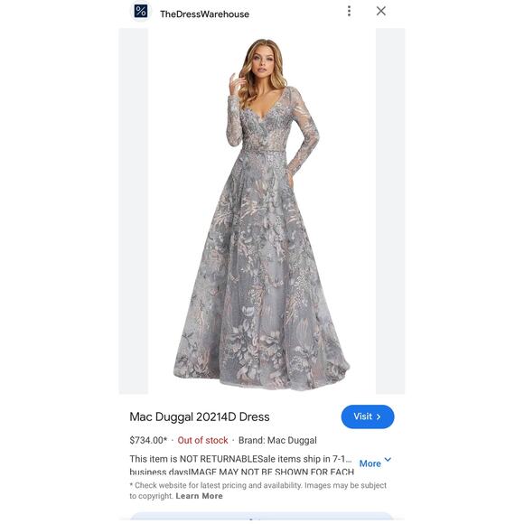 Mac Duggal 20214D Long Sleeve Embroidery V-Neck Evening Lace Dress Size 14 NWT - Picture 12 of 12